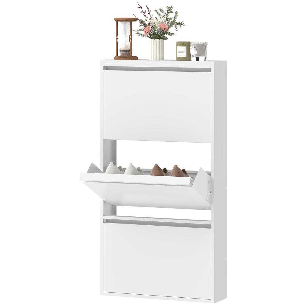 Metal Shoe Cabinet With 3 Flip Compartments Slim Wall Mounted Shoe Rack For 6 Pairs Of Shoes White