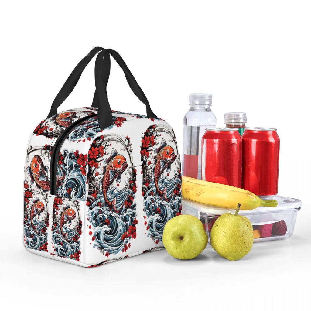 Japanese Koi Fishing Streetwear Style Insulated Lunch Bag for Kids School Cooler Thermal Food Box Tote Lunch Boxes Container