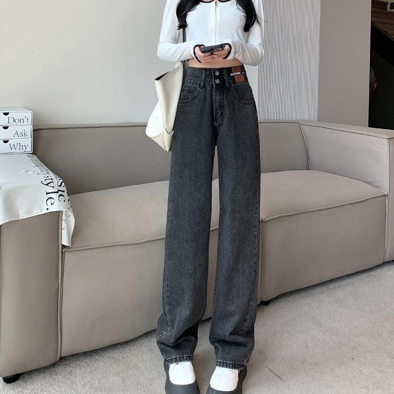 High waist wide leg pants jeans women's autumn new small loose and thin straight pants pants double buckle