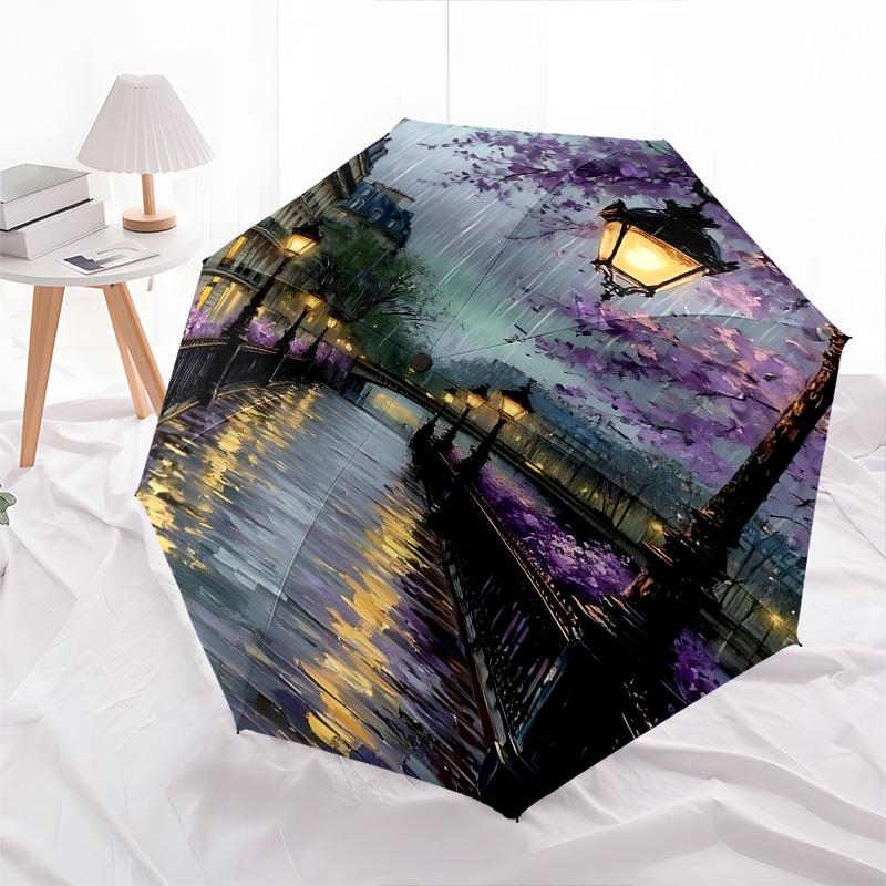 Parisian Canal Purple Blossoms Themed Automatic Opening and Closing Umbrella, Brightly Colored 8-rib Portable Umbrella, Suitable for Men and