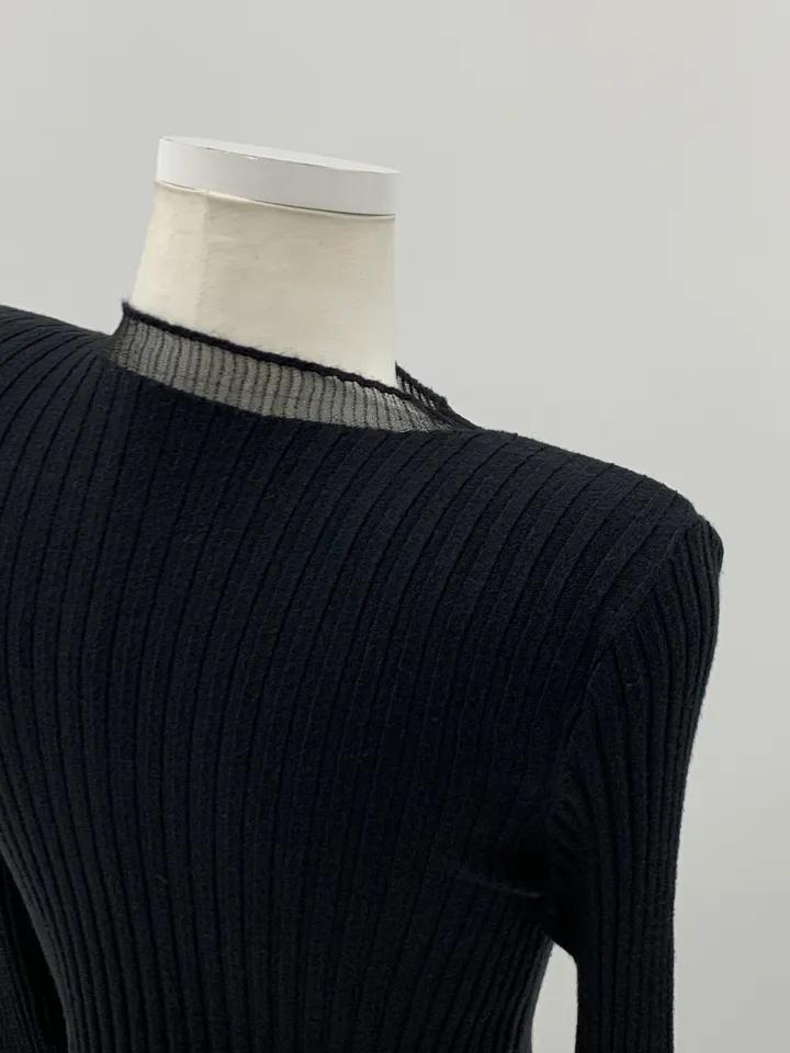 Chic Sheer Knit Top for Women – Long Sleeve, Half Neck, Ribbed Slim Fit, Office, Casual, Date Wear