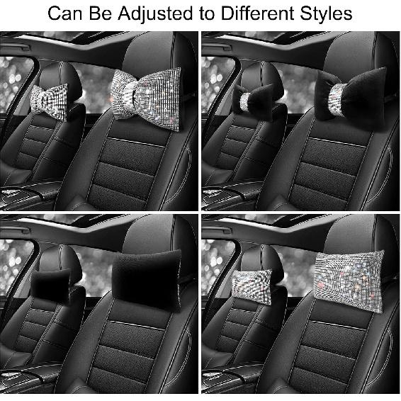 Surpassme 2PCS Rhinestone Car Headrest Neck Pillow For Driving With Bling Bling Crystal Bow Pillow Car Accessories For Women (Silver/White)