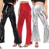 Women Pants Shiny Sequin See-through Elastic High Waist Thin Loose Flared Hem Full Length Soft Breathable Nightclub Party Performance Long Trousers
