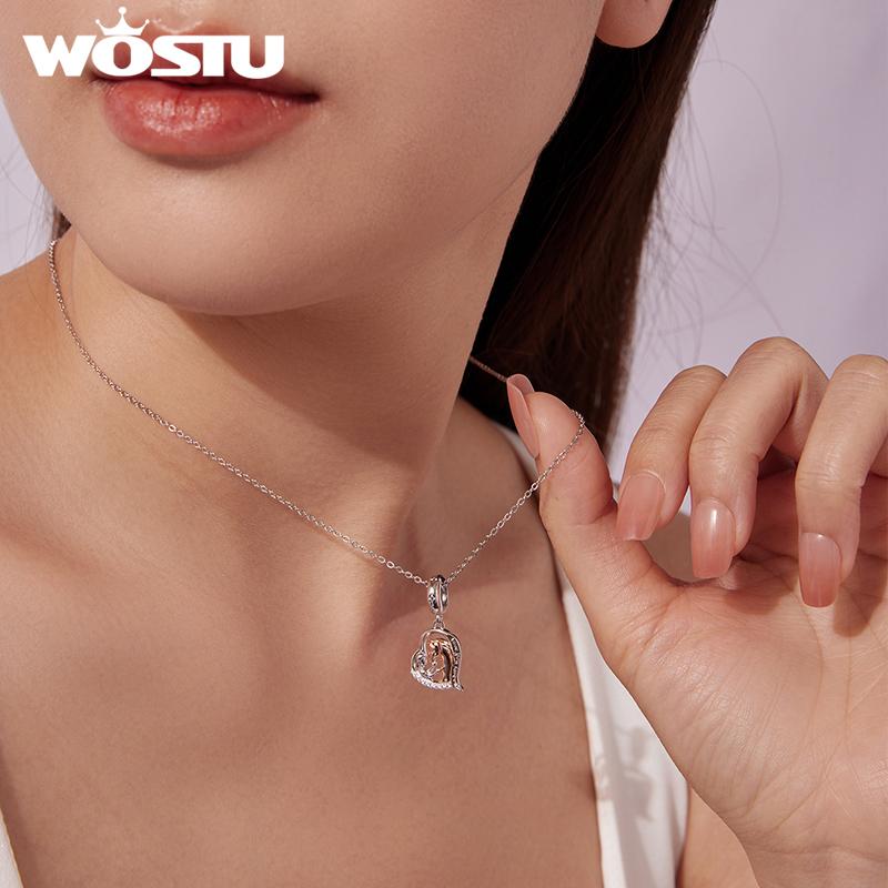 WOSTU 925 Sterling Silver Two-Tone Girl Horse Charm Pendant For Women Heart Bead Horse Lover Jewelry Family DIY Gift CTC1210
