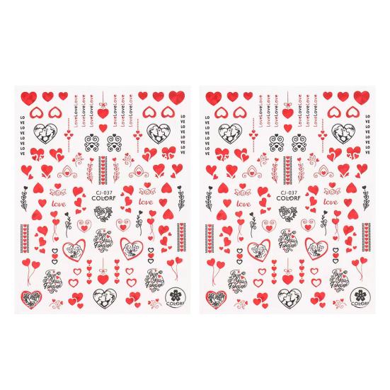 2Pcs Nail Art Sticker Non-Fading Easy Paste Self-Adhesive Non-falling DIY Valentines Day Red Heart Pattern Manicure Decal Nail Salon Supply