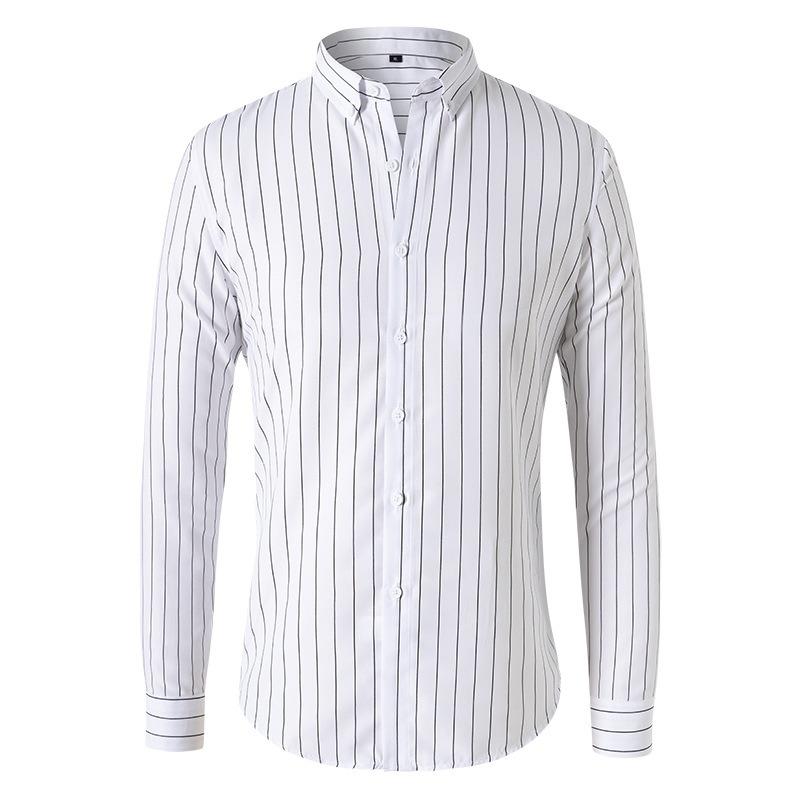 Мужская рубашка в полоску с длинным рукавом, отложным воротником, в стиле business casual, приталенного кроя