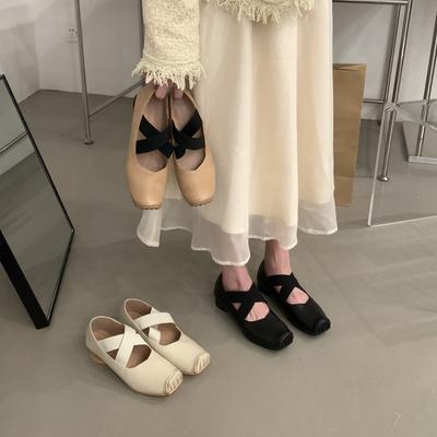 Туфли Мэри Джейн Женские Туфли-балетки на низком каблуке С перекрещенным ремешком Квадратный носок Носок-пята Ретро Плоские Повседневные туфли