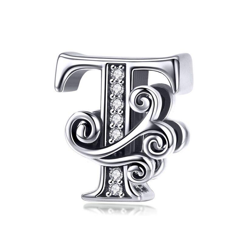 Bamoer Authentic 925 Sterling Silver Vintage Letter A To Z Zircon Bead Charms Fit Original Charm Bracelets DIY Jewelry