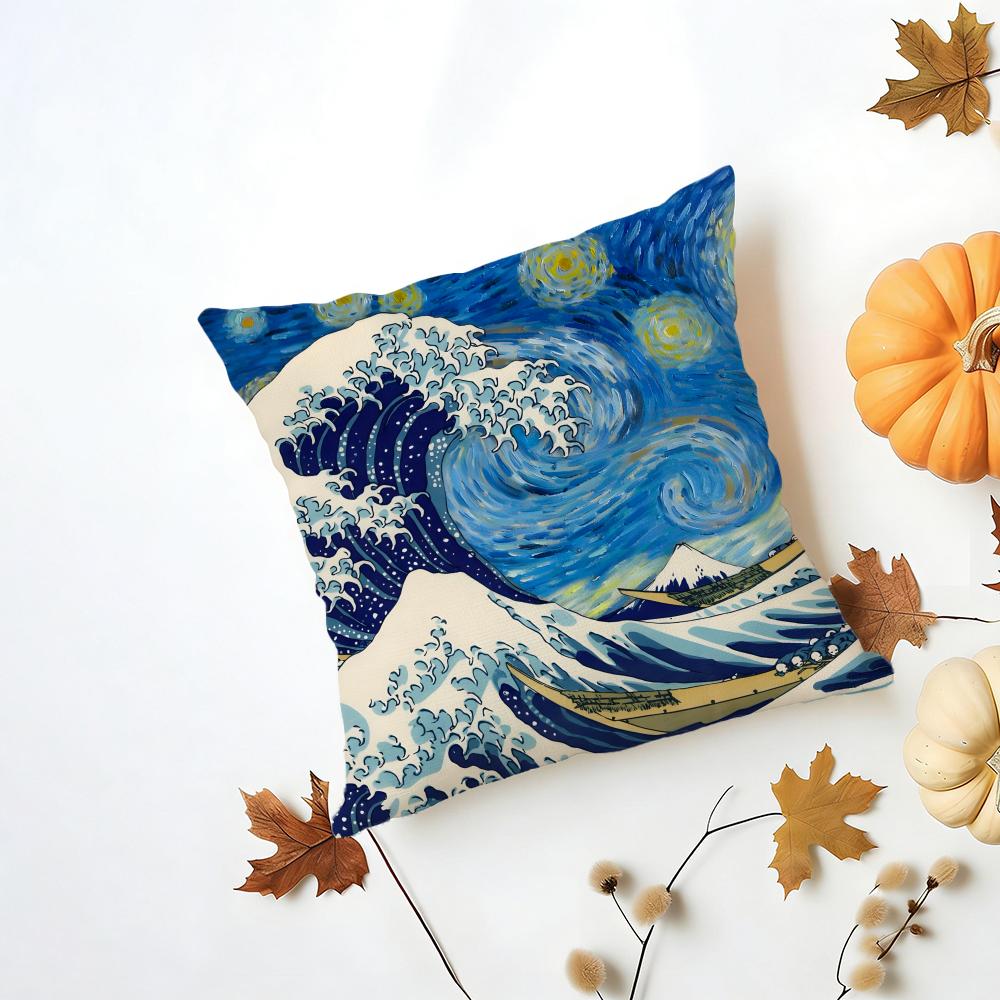 HHokusai Great Wave Cushion Cover Washable Linen Pillowcase Soft for Daily Sofa Bed Home Room Decor
