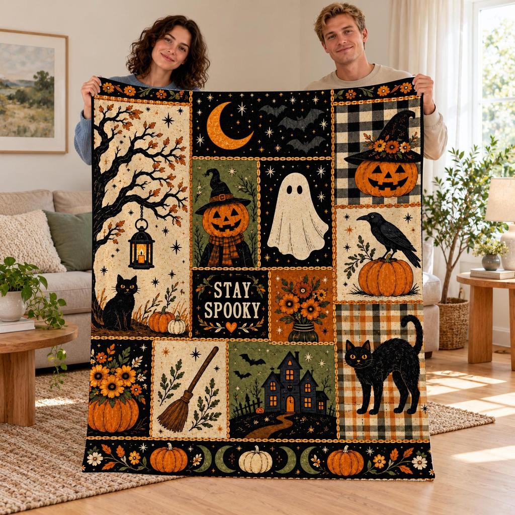 Halloween Flannel Blanket, Vintage Patchwork Print Throw with Ghosts, Pumpkins and Black Cats, Stay Spooky Decor, Cozy Autumn Gift
