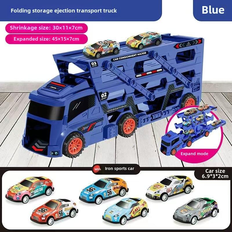 Детский автомобильный грузовик с 6 легкосплавными автомобилями, складной контейнер для хранения, игрушечный транспорт с выталкивающим рельсом для мальчиков 4-6 лет