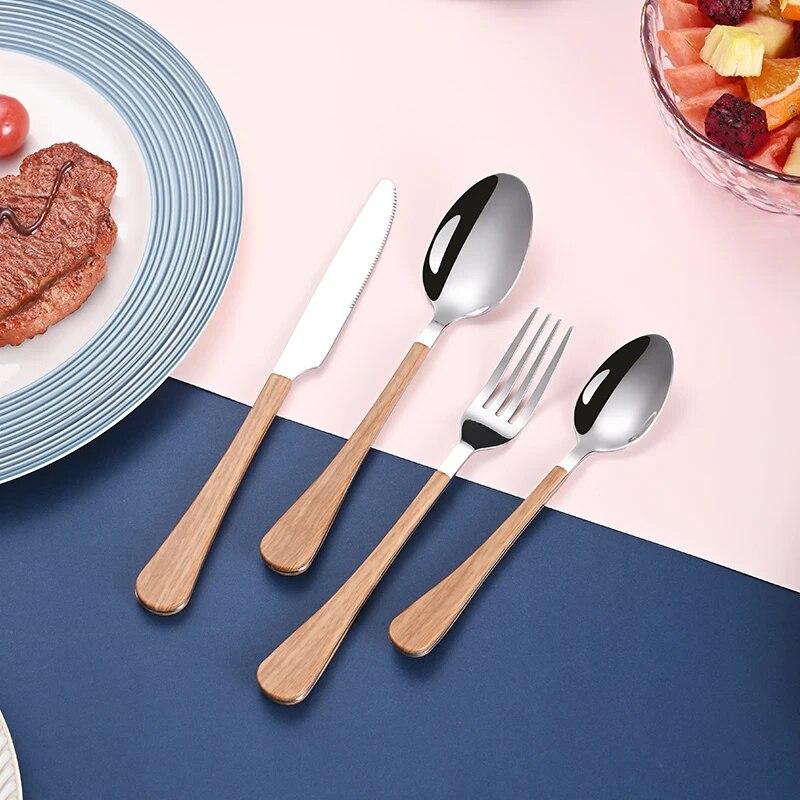 Нож и вилка из 4 предметов, чайная ложка из нержавеющей стали, имитация деревянной ручки, набор посуды в западном стиле, простая и продвинутая