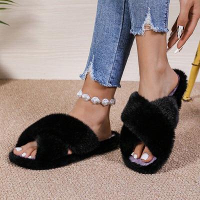 Домашние тапочки для женщин Повседневные плоские Низкий каблук Милые базовые туфли для женщин Однотонные Меховые Слипоны Зимние шлепанцы Большой размер