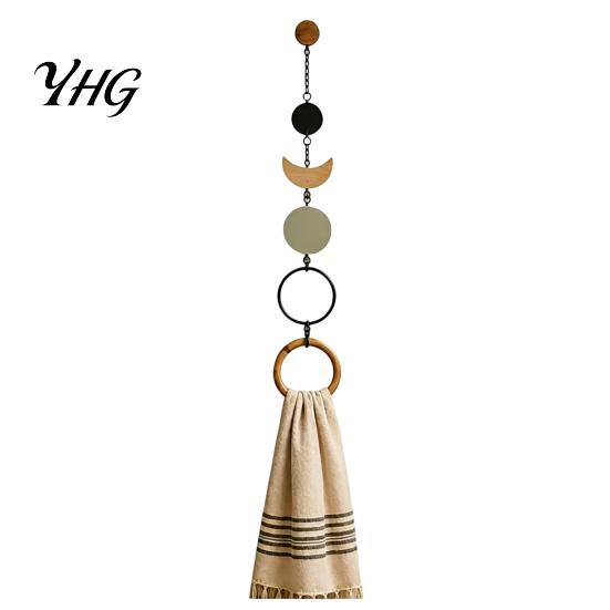 Bohemian Style Home Accents Beaded Towel Hanger, Wall Mounted Wood Ring Hand Boho Holder for Bathroom Holder, Decorative Hemp Rope Storage Rack