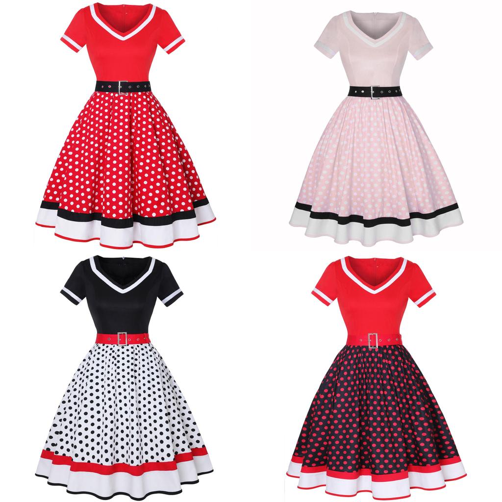 Vintage Polka Dot V Neck Maxi Dress With Piping For Evening Wear
