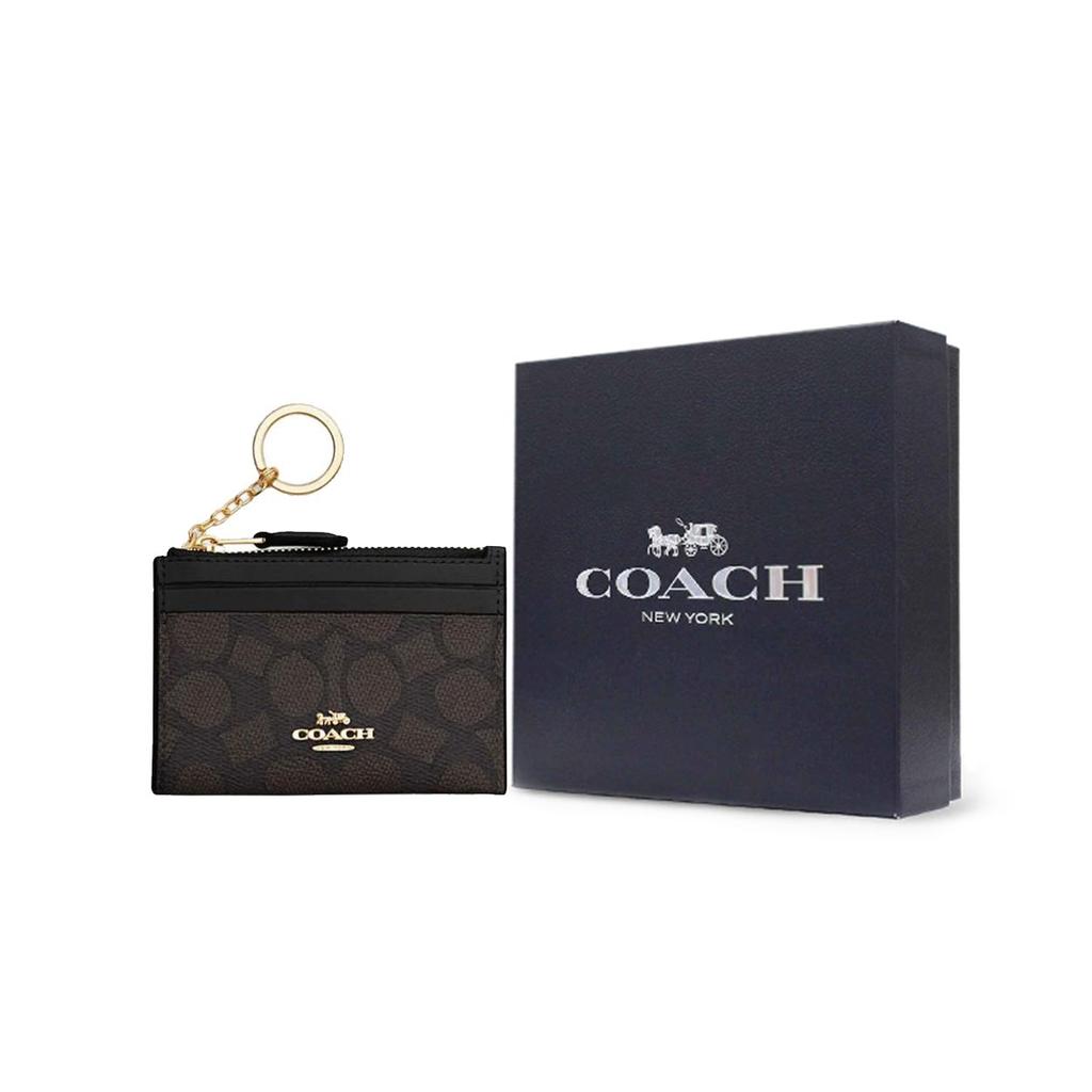Coach Тонкий ID-кейс 11 с логотипом бренда, металлическая молния, держатель для карт женский, цвет грецкого ореха черный CW870-IMXAQ
