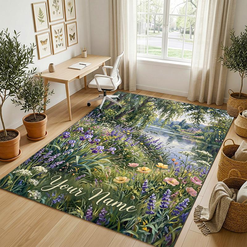 Riverbank Theme Soft Crystal Velvet Rug Custom Name & Text Print Non Slip Floor Rug for Bedroom Living Room