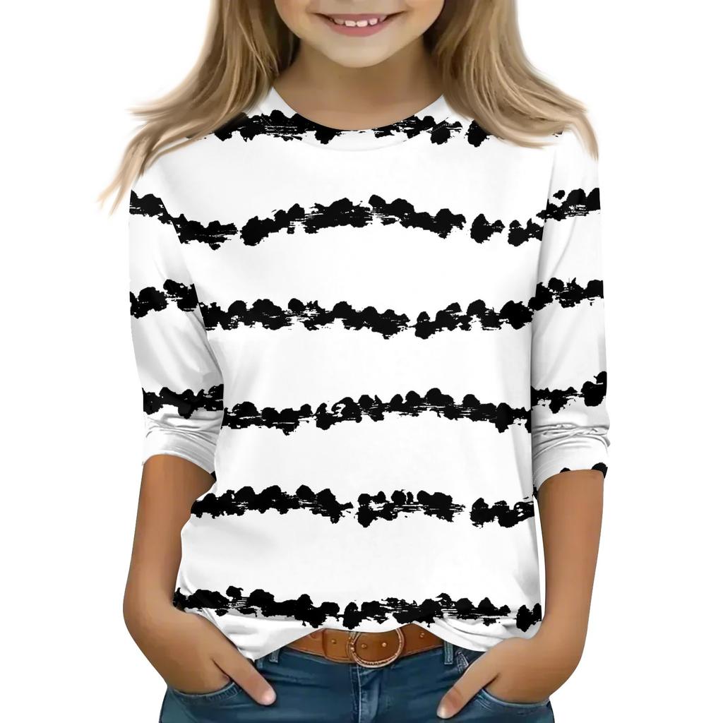 Print Tops For Youth Girls 5-16 Years Round Neck 3/4 Sleeves T-Shirts Trendy Tops Outfit Tees