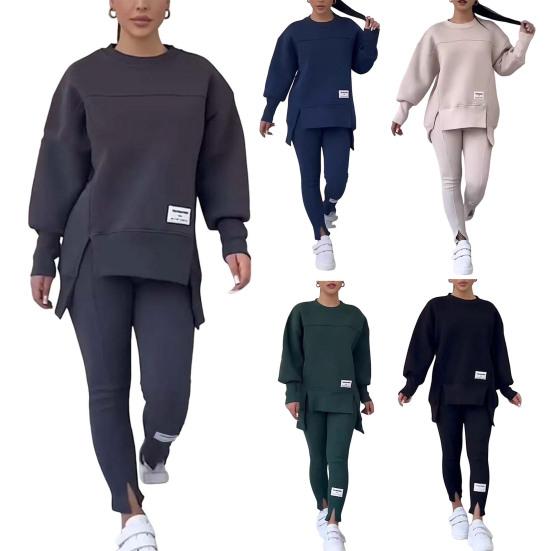 2 Pcs/Set Women Top Pants Suit Round Neck Long Sleeve Slit Hem Sweatshirt Elastic Waist Solid Color Slim Fit Trousers Winter Daily Wear Outfit