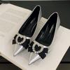 Fashion Sweet Heart-shaped Rhinestone Low Heel Pumps Women Elegant Pointed Toe Bow Brand Designer Shoes Comfort Commuting Office Shoes
