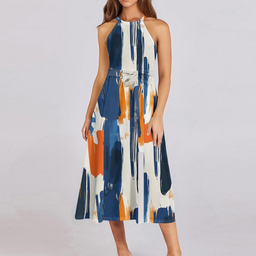 Женское повседневное платье миди с круглым вырезом, классическое, повседневное, без рукавов, свободное платье в стиле бохо с завязками, летний пляжный сарафан