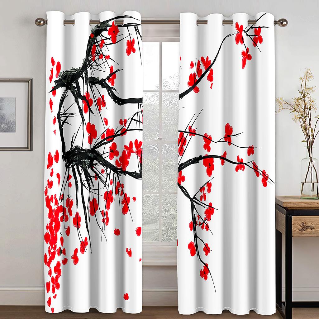Red Rose Printed Window Curtain, Digital Printing, Bedroom, Living Room, 2 Pieces of Narrow Width, Aesthetically Cortinas