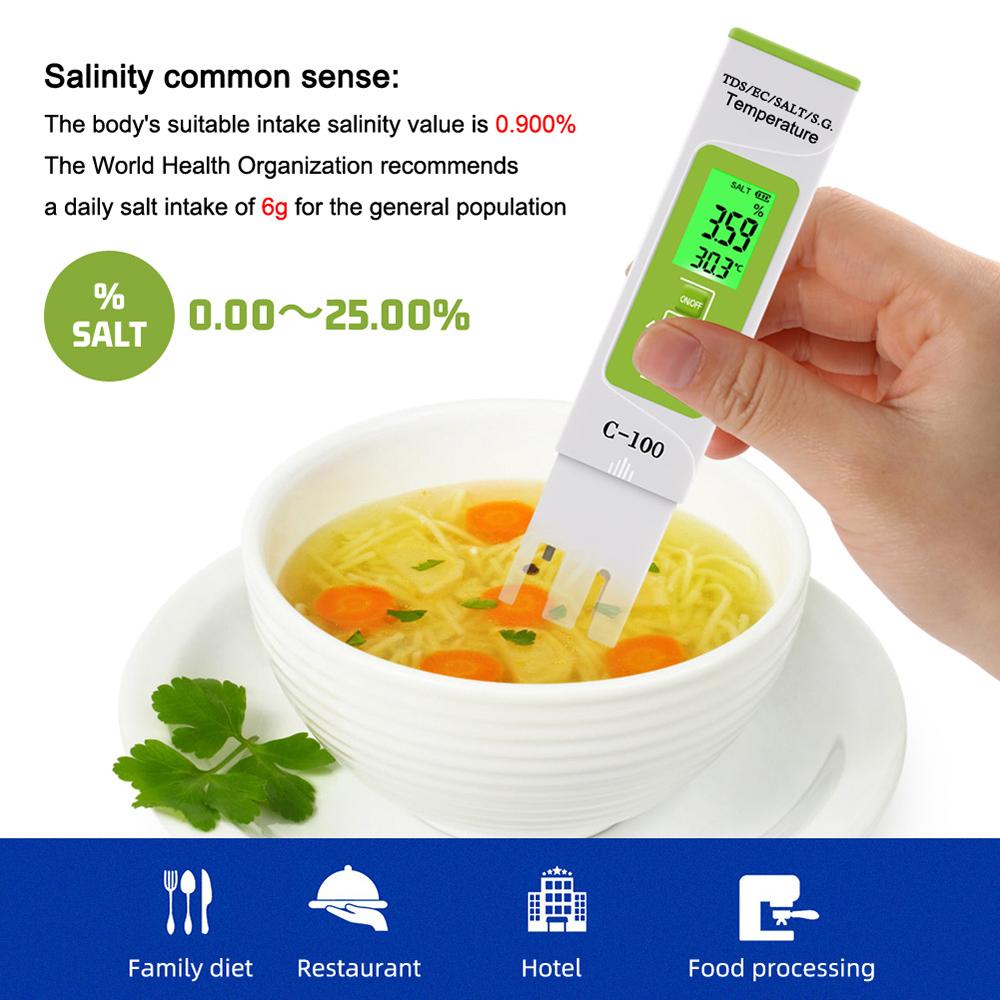 5 In 1 TDS EC SALT S.G. Temperature Meter Digital Water Quality Monitor Tester for Pools Drinking Water Aquariums with