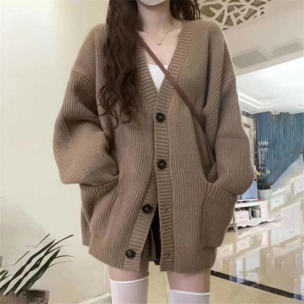 Women's Long Sleeved Cardigan Loose Knitted V-neck Coats Female Fashion Single Breasted Sweater Cardigans Autumn Winter Casual