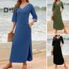Women Maxi Dress with Side Pockets V Neck 3/4 Sleeves Loose Slit Hem Solid Color Patchwork Solid Color Loose Pullover Beach Dress