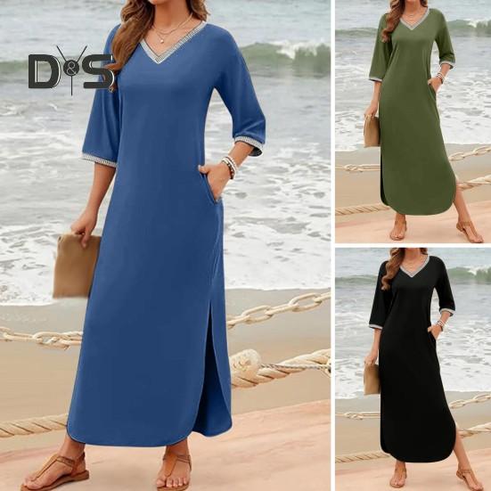 Women Maxi Dress with Side Pockets V Neck 3/4 Sleeves Loose Slit Hem Solid Color Patchwork Solid Color Loose Pullover Beach Dress