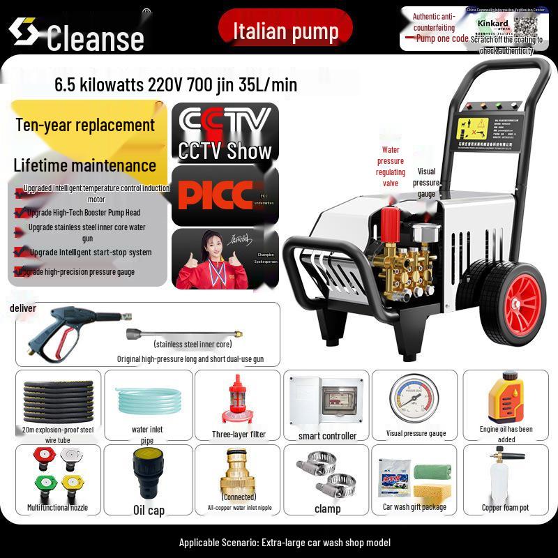 220V High-Power Industrial Car Wash Machine with Ultra-High Pressure Water Gun & Italian Pump for Shops and Farms.