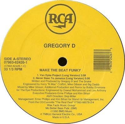 12-дюймовая пластинка GREGORY D - Make The Beat Funky 07863624261 RCA 1992 US Рэп и хип-хоп/R&B Б/У