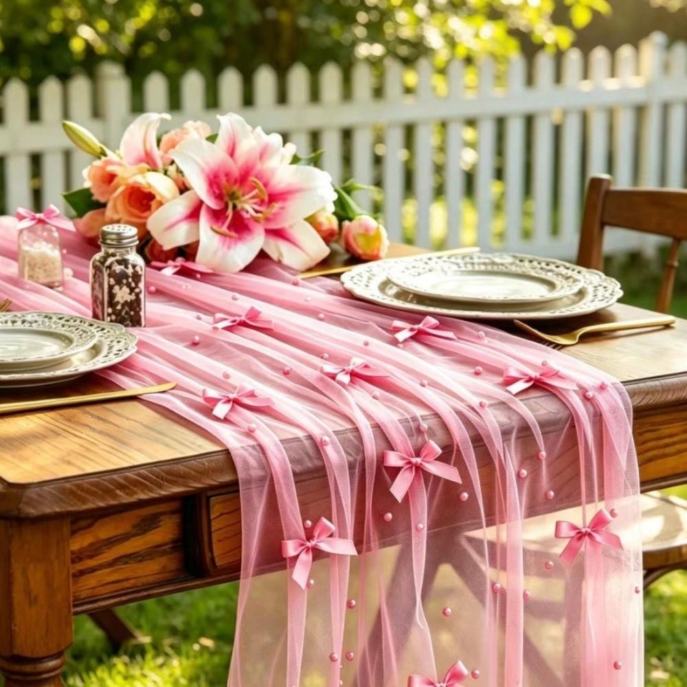 Romantic Bow Pearl Chiffon Runner Semi-Transparent Gauze Tablecloth Tulle Table Runner Wedding