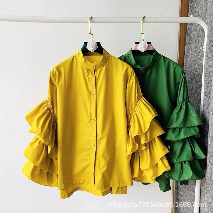 Стильная рубашка, женская, многослойная, с оборками, расклешенные рукава, свободные топы с воротником-стойкой