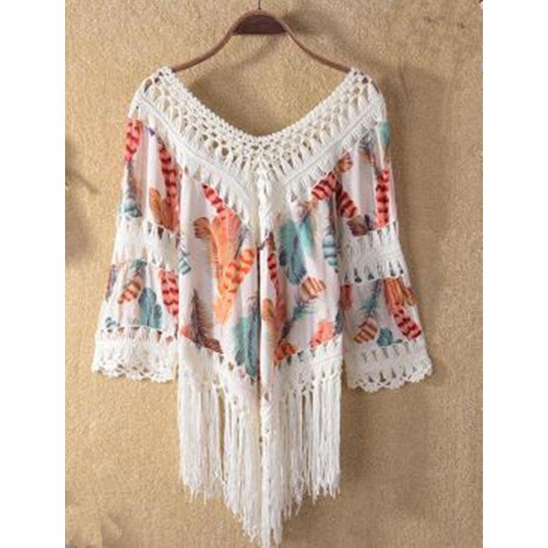 Летние женские купальники ручной работы крючком с принтом в стиле пэчворк, бикини с бахромой, пляжная накидка