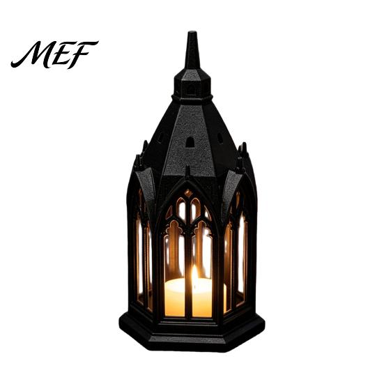 Colorful Balcony Figurine Gothic Cathedral LED Candle Lantern, Church Shaped Flameless Tealight Lamp, Artistic Home Decor Spooky Vintage Desktop Night