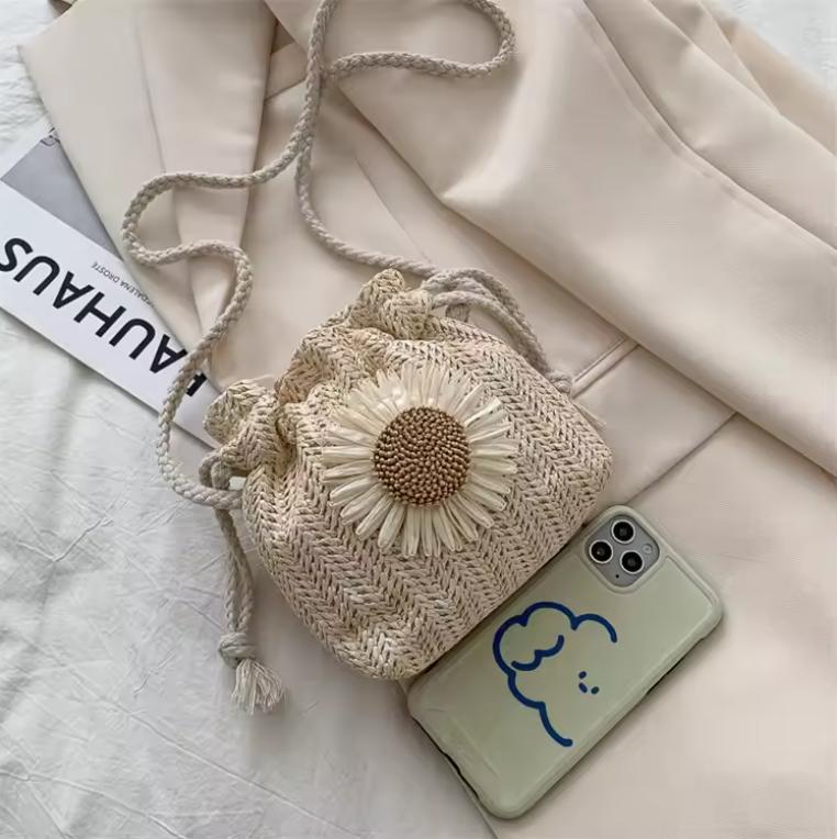 Женская сумка, летние пляжные соломенные сумки, классическая текстура, тканое ведро с подсолнечником и шнурком, через плечо, через плечо