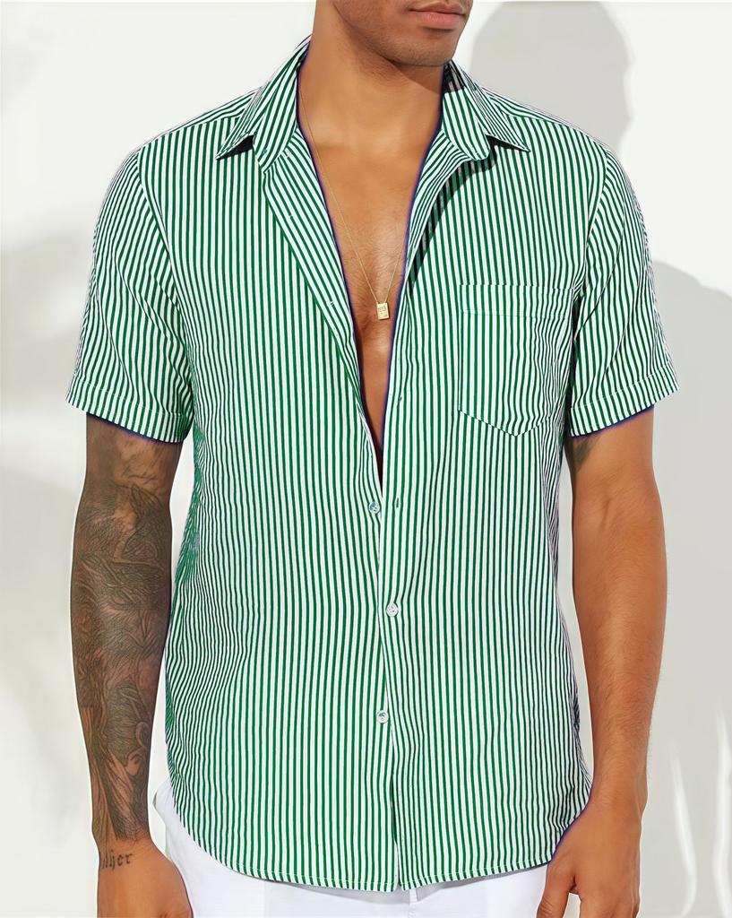 Новый стиль Модная мужская цветная тканая полосатая повседневная рубашка с лацканами, карманом, коротким рукавом, универсальная