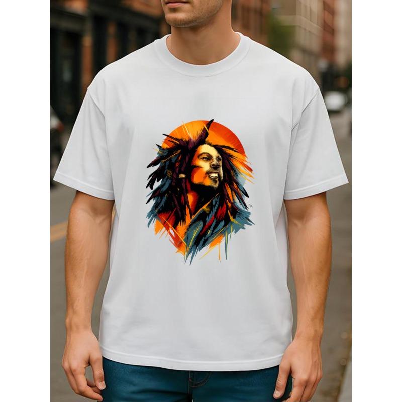 Европейский размер Аватар вокалиста регги Цветной Аватар Музыкальный Ретро-стиль Однотонный Принт Футболка | Всесезонный Повседневный Стиль, Универсальный Повседневный Топ, Топ с Круглым Вырезом