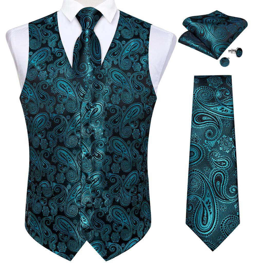 Mens Silk Slim Waistcoat Dark Purple Paisley Wedding Suit Vest Tie Cufflinks Set
