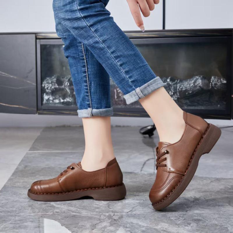 Женские туфли ручной работы в ретро-стиле из кожи на шнуровке, слипоны - мягкая подошва, удобные и повседневные