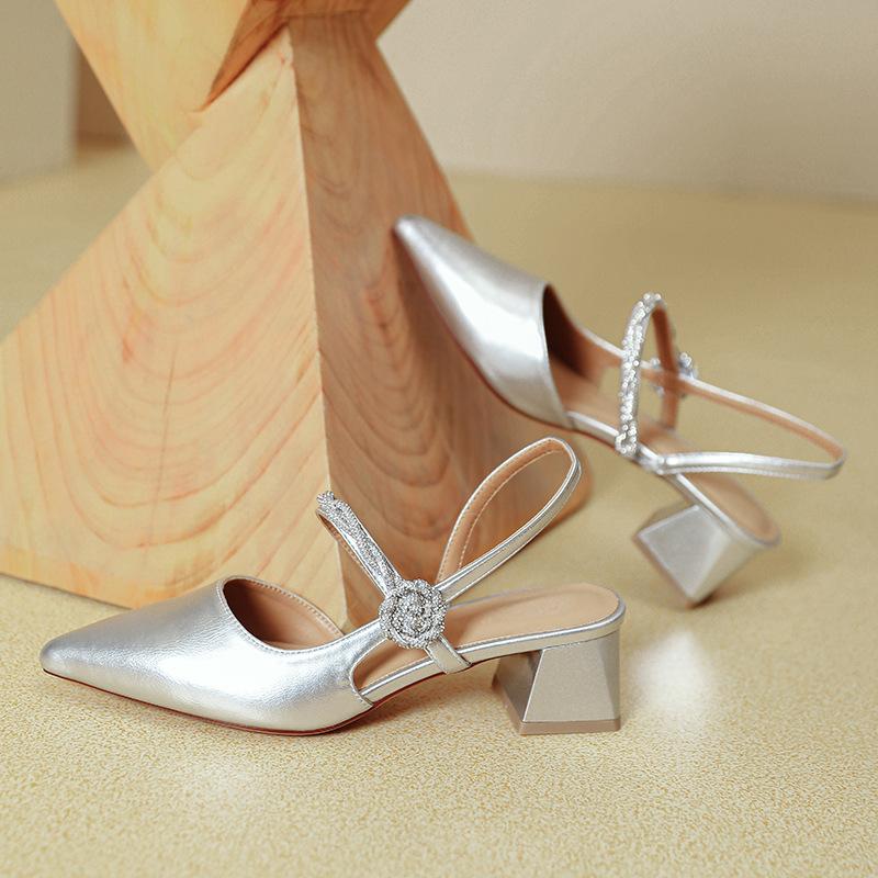 Fashion Elegant Medium Heel Women's Shoes 2025 Summer Chunky Heels Pointed End Sandals Flowers Elegant Mary Jane High Heels High Quality