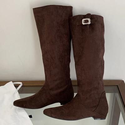 Eilyken Зимние Винтажные Женские Сапоги до Колена с Острым Носком Дизайн Панк Стиль С Пряжкой и Ремешком Низкий Каблук