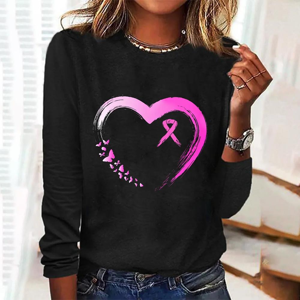 3d Print Versatile Pink Ribbon Print Long Sleeve T-shirt Women's Designer Heart Print Casual Loose T-shirt Fashion Trend T-shirt