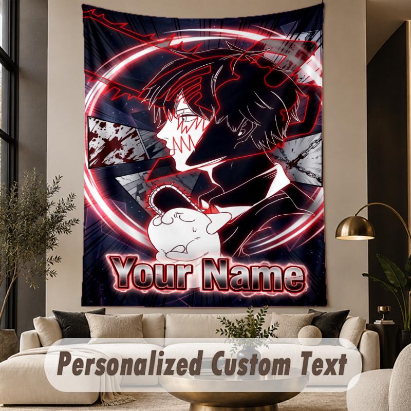 Custom Text Printed Tapestry Chainsaw Man Pattern Large Wall Hanging Indoor Room Decor