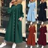 Muslims Clothes Women Dresses Solid Color Long-sleeved Shirt Dress Casual Pocket Robe Musulman Dubai Muslim Kaftan Muslim Dresses