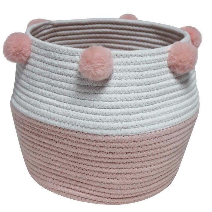Basket - SUZY - Two-tone Pink/White - Cotton - 30x26 Cm - With Pompoms