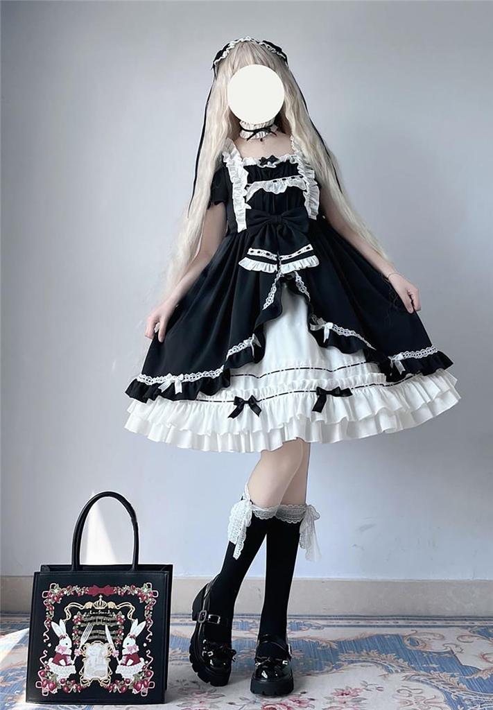 Jundakara Princess Sleeve Dress with and Removable Arm Cute Ruffles and Lolita Girly Student Black and Size M Women's Lace-Up Covers, Ribbons, A-Line,