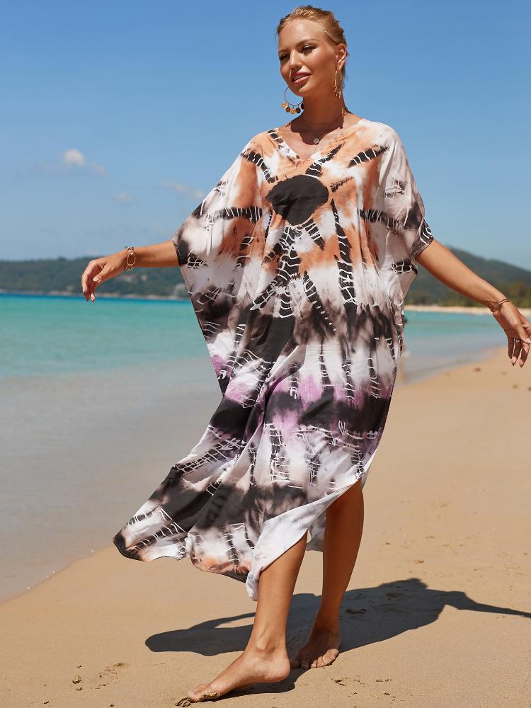 EDOLYNSA Разноцветный кафтан в богемном стиле с v-образным вырезом и рукавами «летучая мышь», женское платье макси, пляжная одежда, платье макси с половиной рукавов, халат