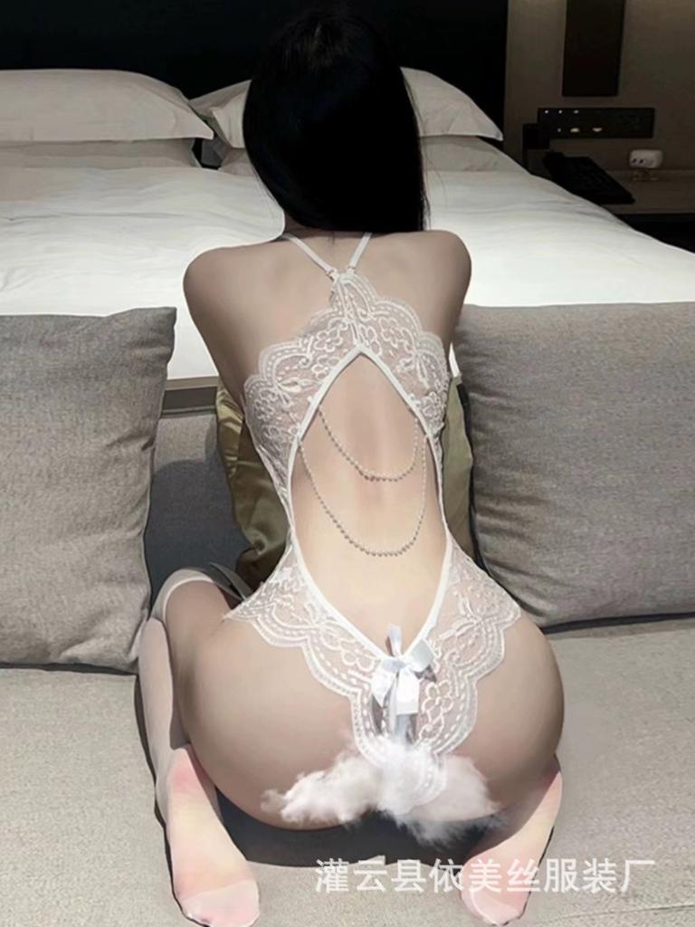 Sexy Female Open Perspective Seduction Uniform Lace Backless Pearl Onesie Sexy Uniform Set